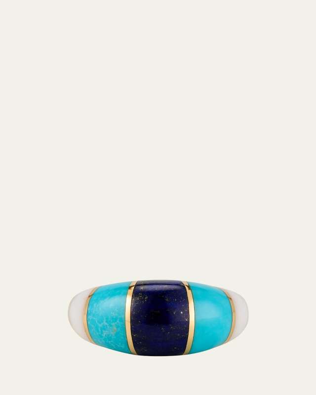 18K Yellow Gold Chunky Inlay Dome Ring with Lapis, Turquoise and White Onyx, Size